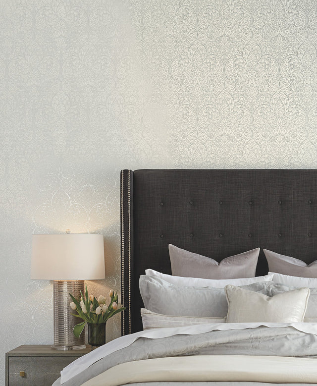 Paradise Bright White & Silver Damask Non Woven Wallpaper - York DT5011