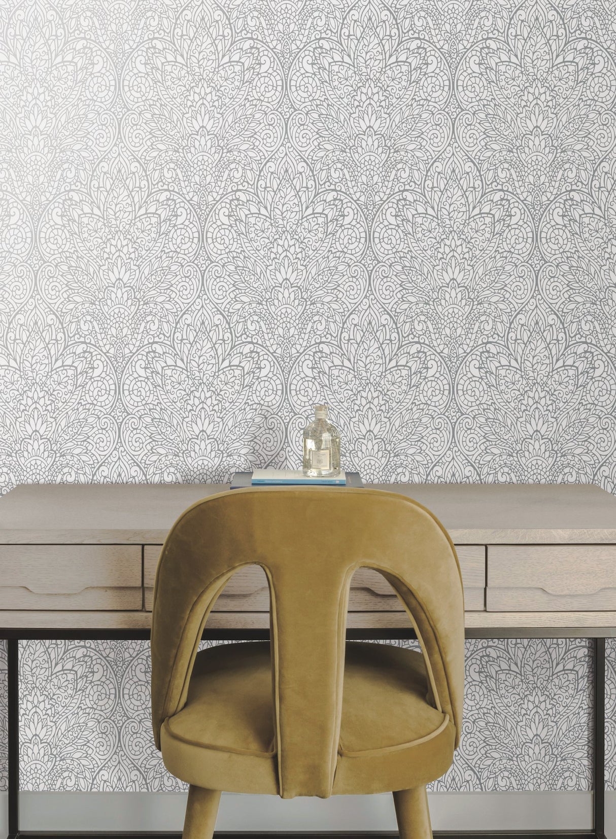 Paradise Bright White & Silver Damask Non Woven Wallpaper - York DT5011