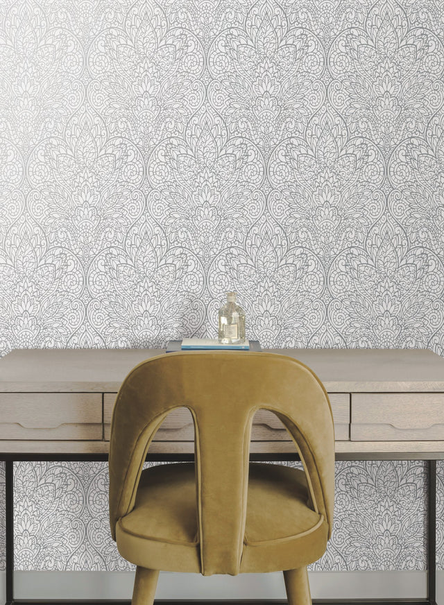 Paradise Bright White & Silver Damask Non Woven Wallpaper - York DT5011