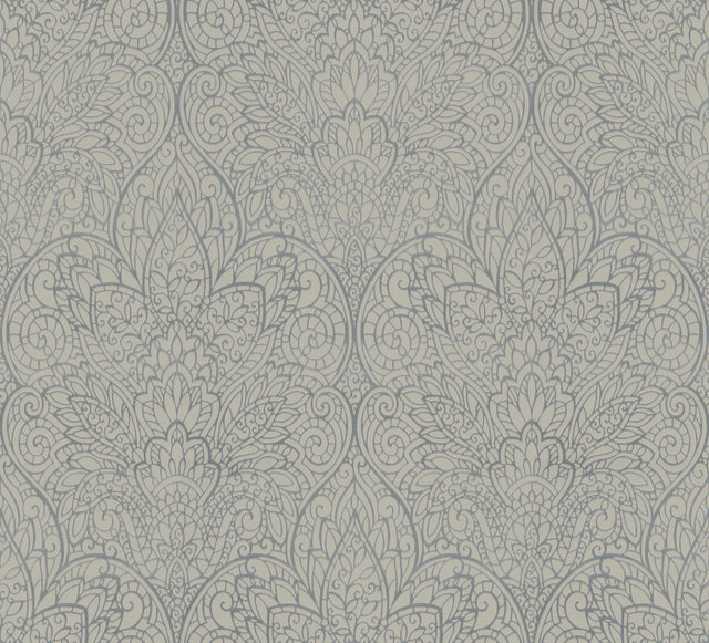 Paradise Dark Taupe & Silver Damask Non Woven Wallpaper - York DT5012