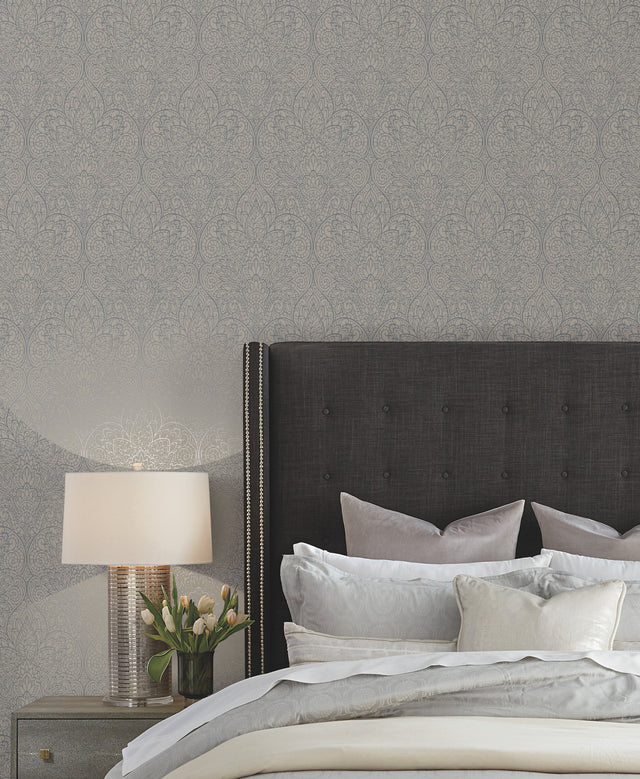 Paradise Dark Taupe & Silver Damask Non Woven Wallpaper - York DT5012