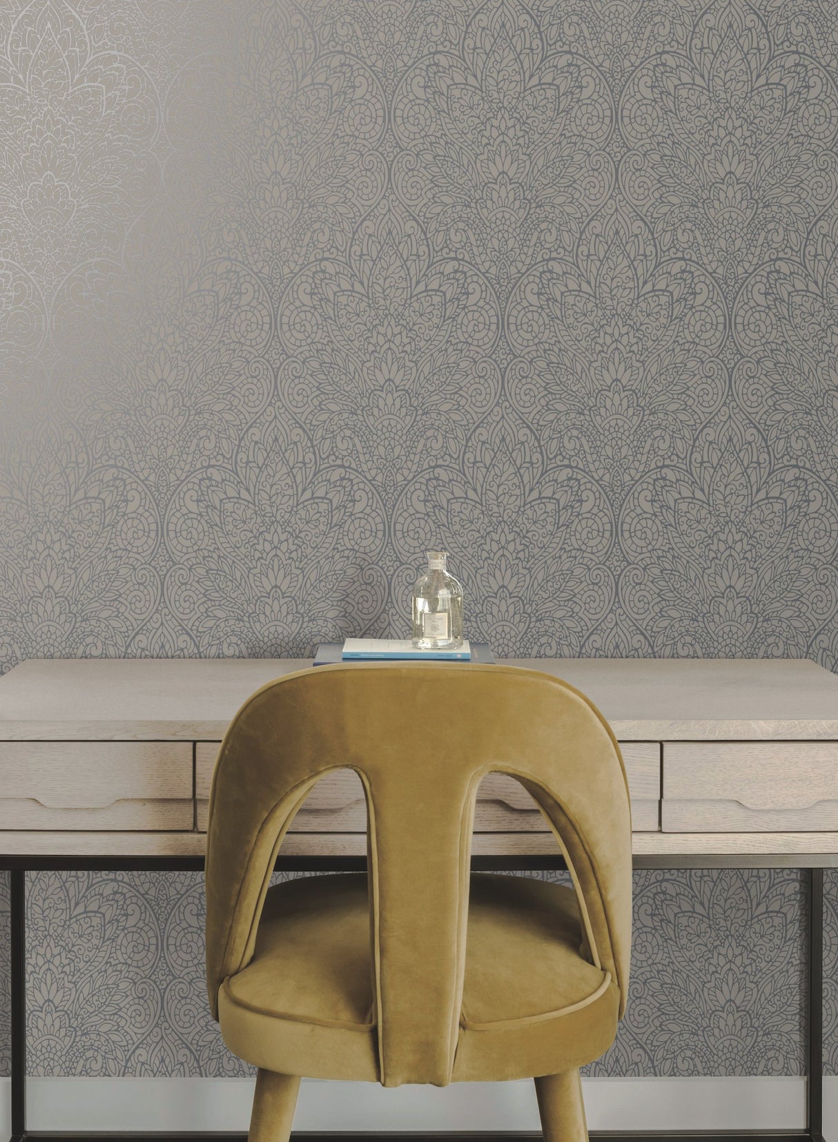 Paradise Dark Taupe & Silver Damask Non Woven Wallpaper - York DT5012