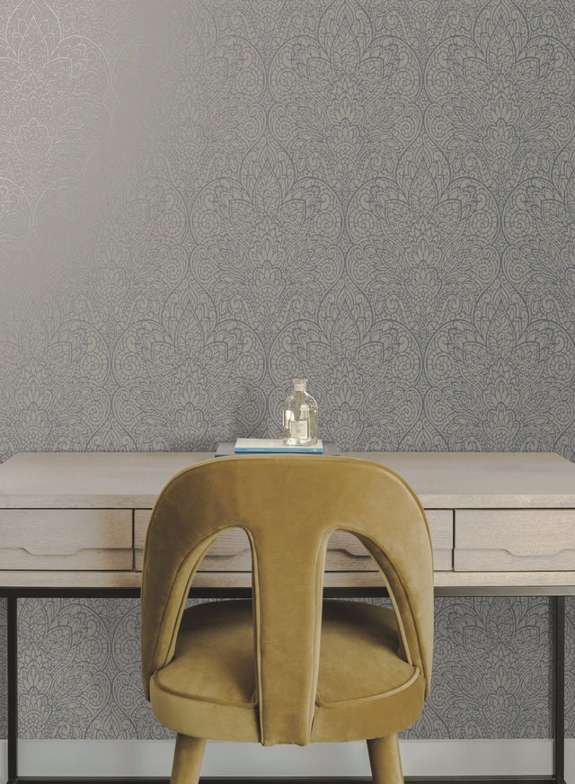 Paradise Dark Taupe & Silver Damask Non Woven Wallpaper - York DT5012
