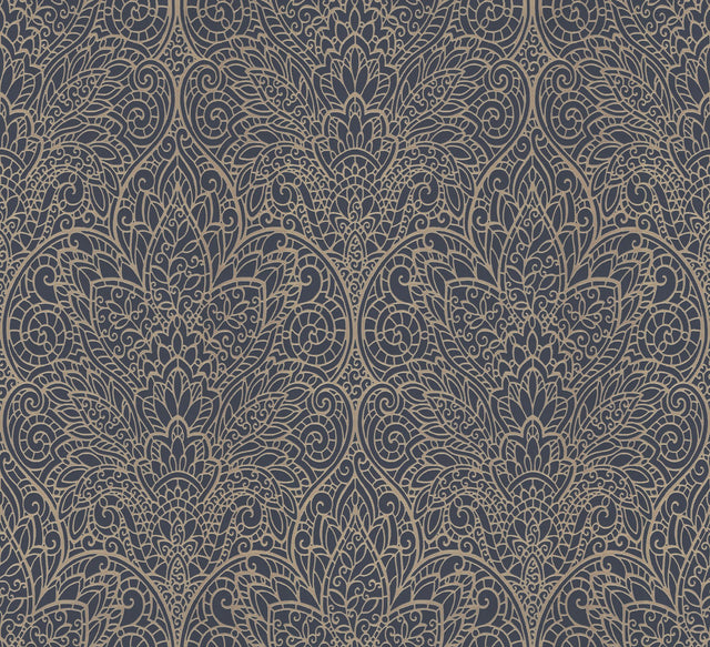 Paradise Navy & Gold Damask Non Woven Wallpaper - York DT5013