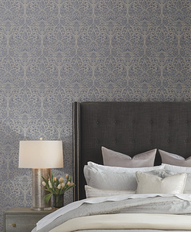 Paradise Navy & Gold Damask Non Woven Wallpaper - York DT5013