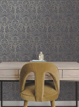 Paradise Navy & Gold Damask Non Woven Wallpaper - York DT5013