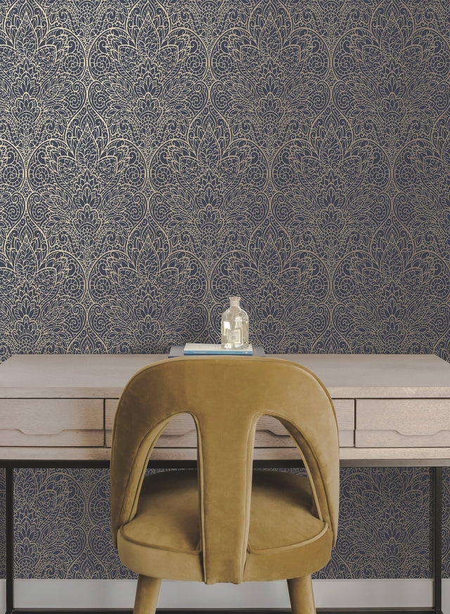 Paradise Navy & Gold Damask Non Woven Wallpaper - York DT5013