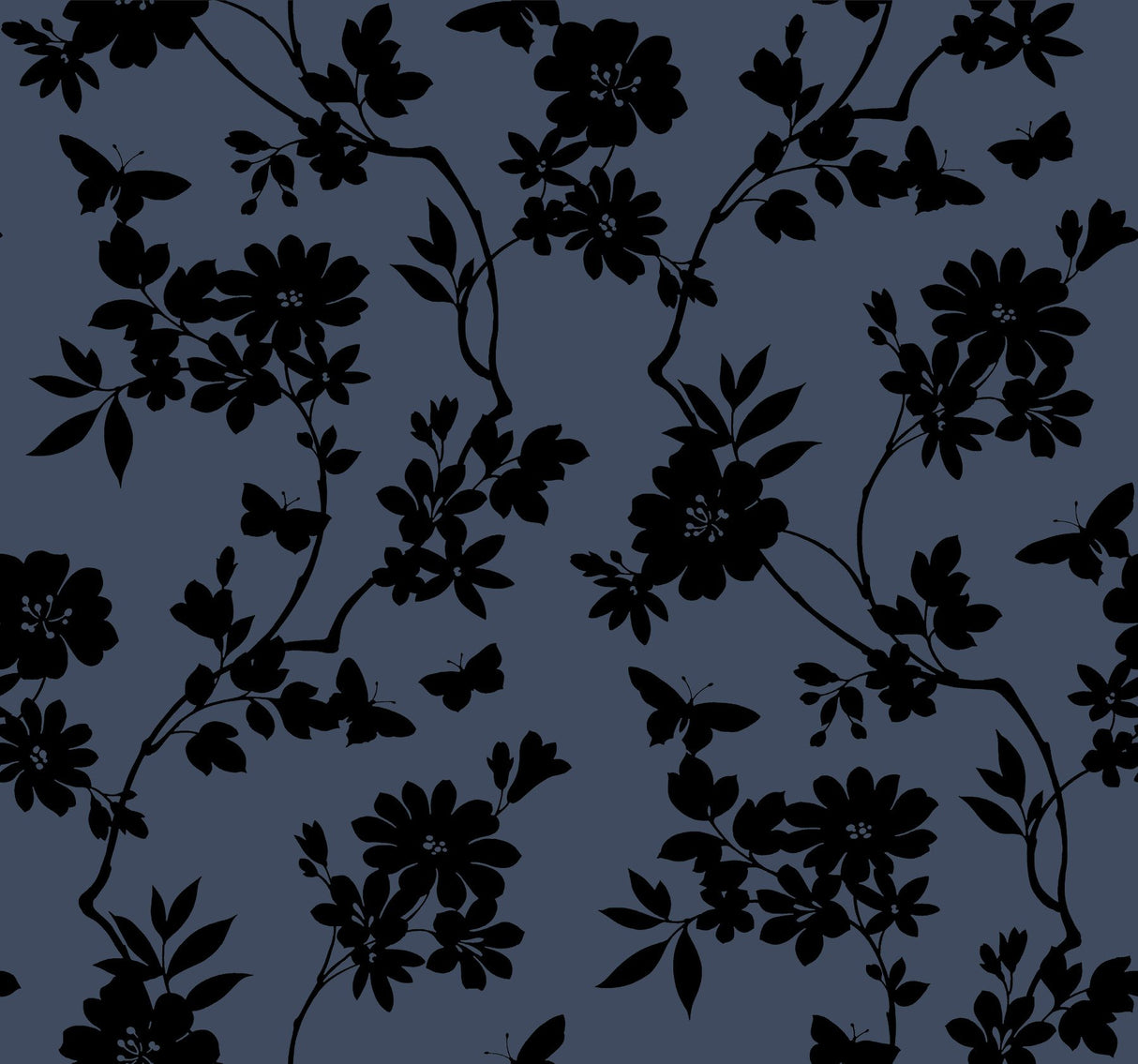 Flutter Vine Blue & Black Wallpaper with Floral Vine and Butterfly Silhouette - York DT5021