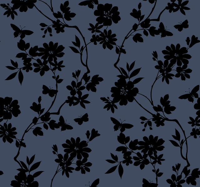 Flutter Vine Blue & Black Wallpaper with Floral Vine and Butterfly Silhouette - York DT5021