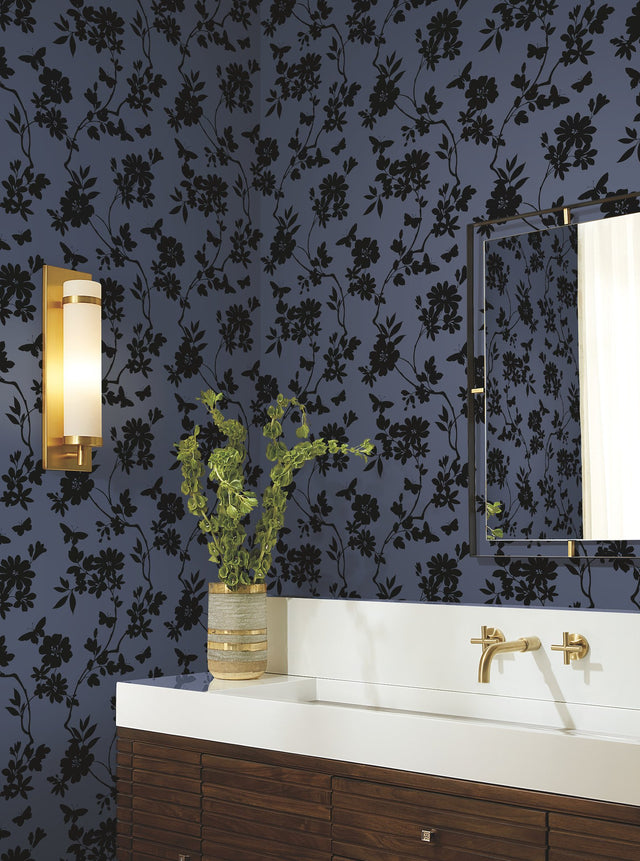 Flutter Vine Blue & Black Wallpaper with Floral Vine and Butterfly Silhouette - York DT5021