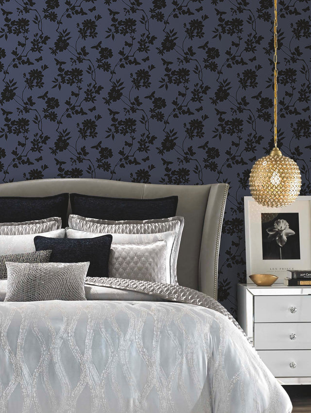 Flutter Vine Blue & Black Wallpaper with Floral Vine and Butterfly Silhouette - York DT5021