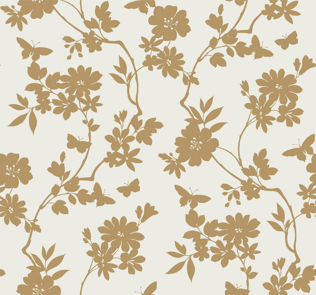Flutter Vine White & Gold Wallpaper with Floral Vine and Butterfly Motif - York DT5022