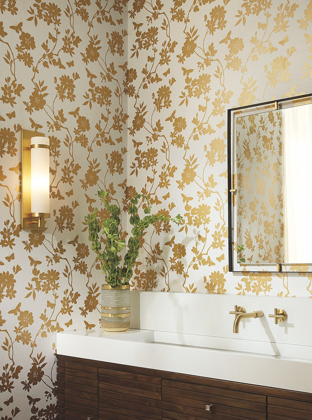 Flutter Vine White & Gold Wallpaper with Floral Vine and Butterfly Motif - York DT5022
