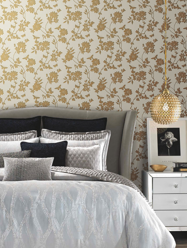 Flutter Vine White & Gold Wallpaper with Floral Vine and Butterfly Motif - York DT5022