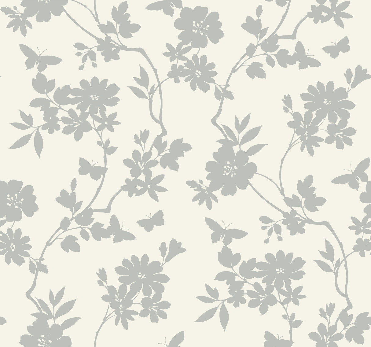 Flutter Vine White & Silver Wallpaper with Floral Vine and Butterfly Motif - York DT5023