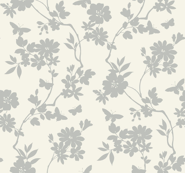 Flutter Vine White & Silver Wallpaper with Floral Vine and Butterfly Motif - York DT5023