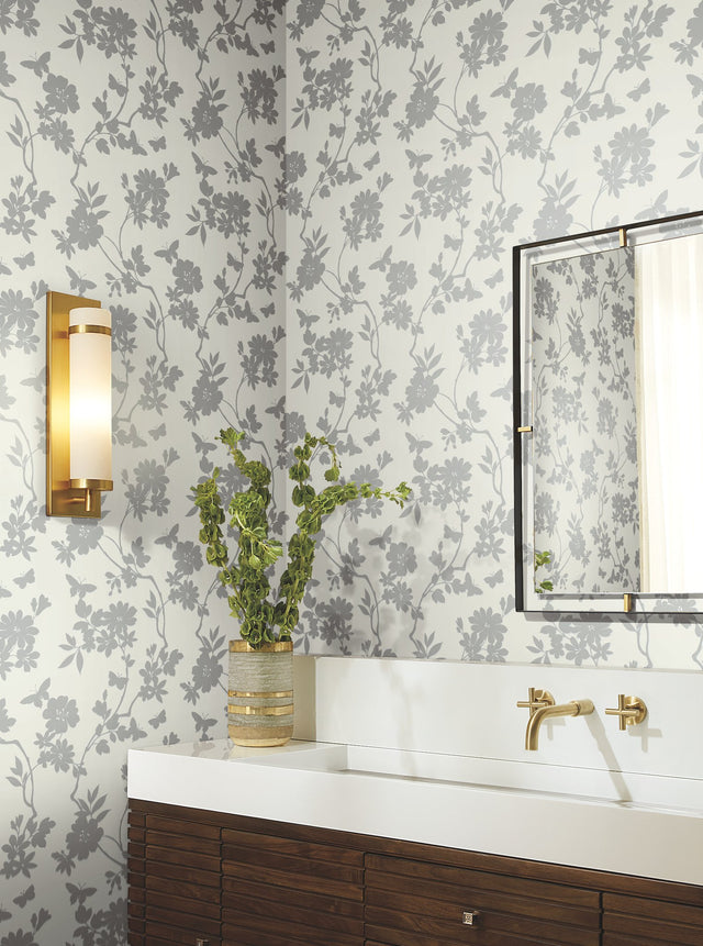 Flutter Vine White & Silver Wallpaper with Floral Vine and Butterfly Motif - York DT5023