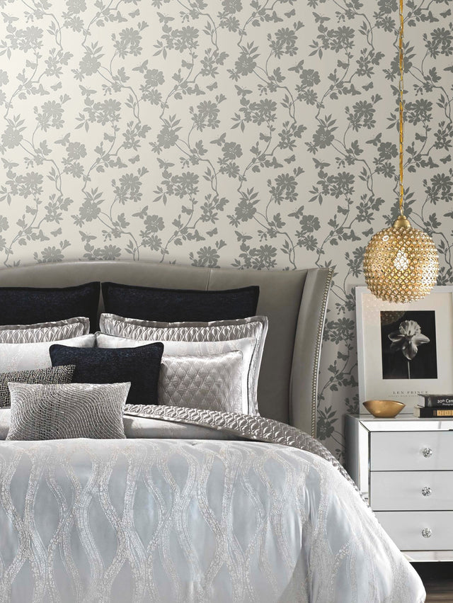 Flutter Vine White & Silver Wallpaper with Floral Vine and Butterfly Motif - York DT5023