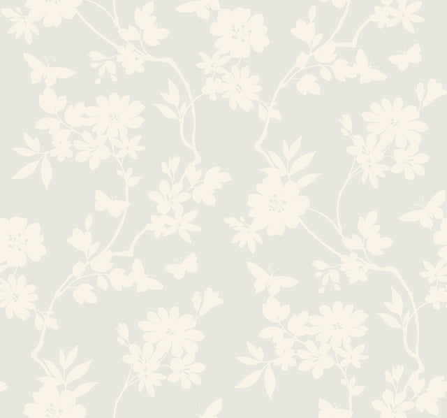 Flutter Vine White Wallpaper with Floral Vine and Butterfly Silhouette - York DT5024
