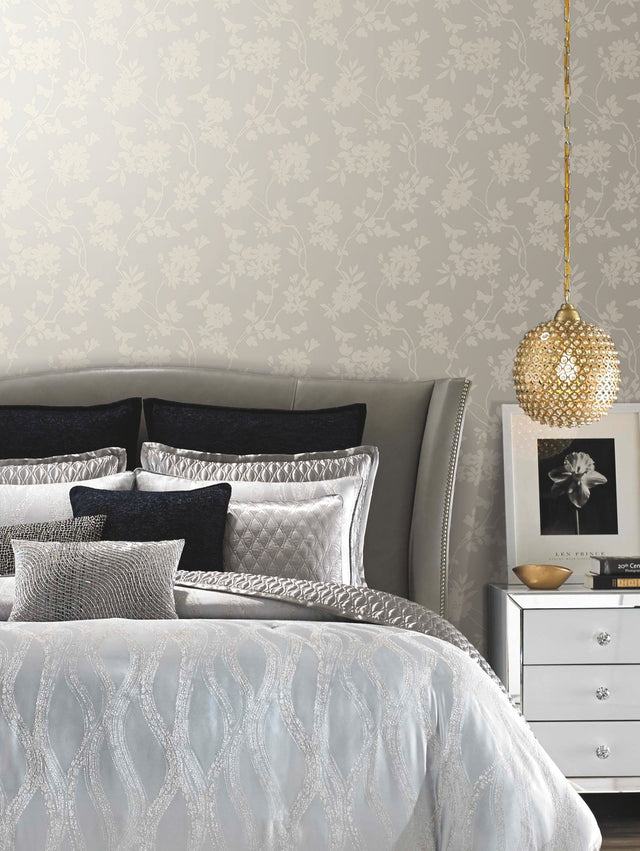Flutter Vine White Wallpaper with Floral Vine and Butterfly Silhouette - York DT5024