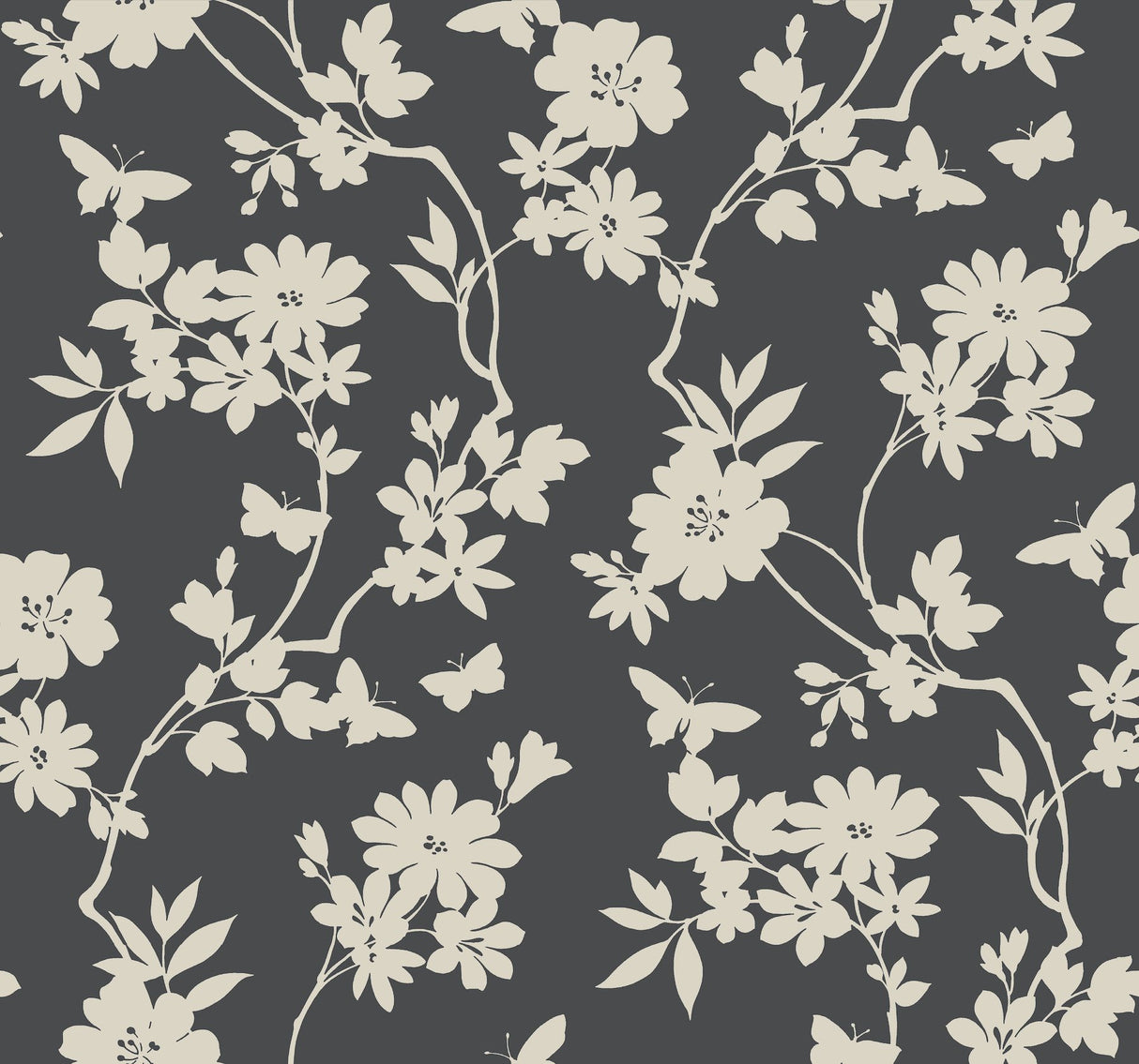 Flutter Vine Grey Wallpaper with Floral Vine and Butterfly Silhouette - York DT5025