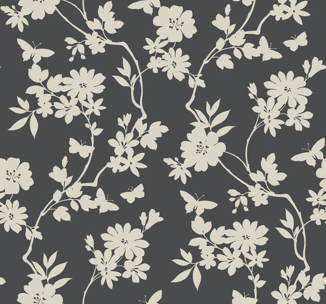 Flutter Vine Grey Wallpaper with Floral Vine and Butterfly Silhouette - York DT5025