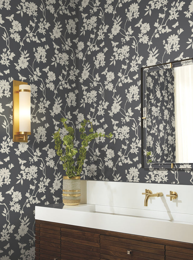 Flutter Vine Grey Wallpaper with Floral Vine and Butterfly Silhouette - York DT5025