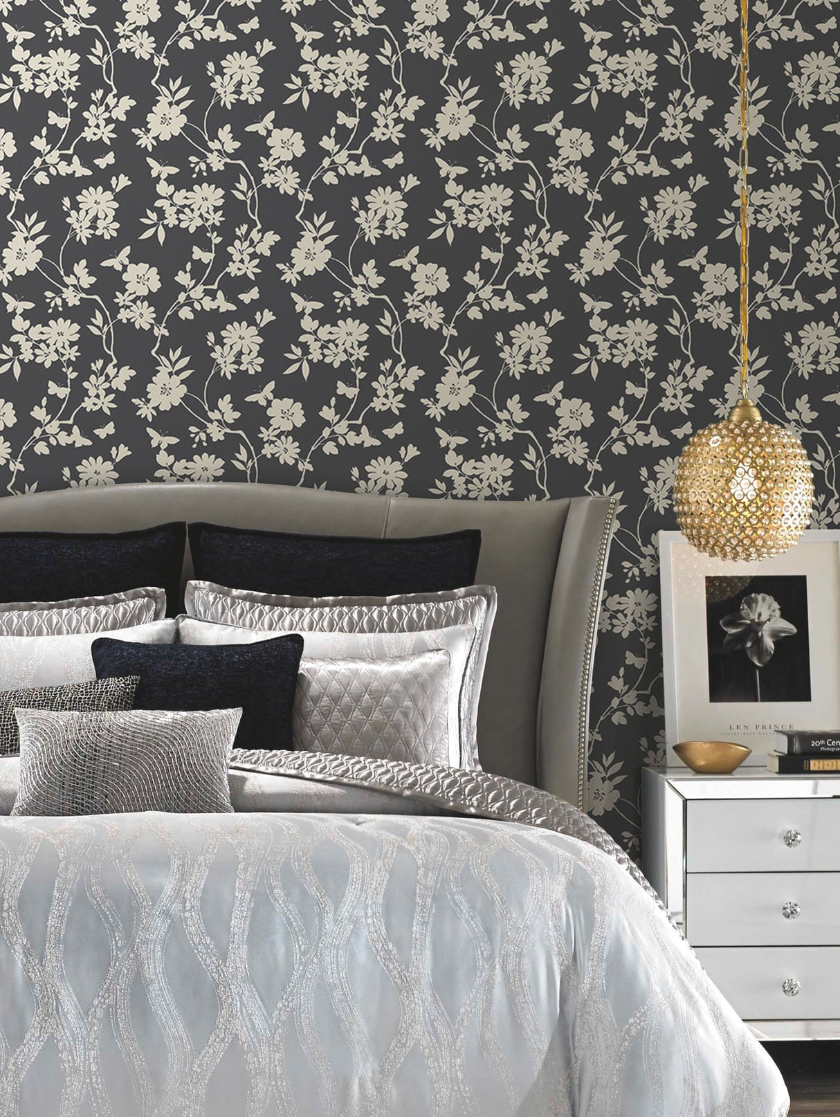 Flutter Vine Grey Wallpaper with Floral Vine and Butterfly Silhouette - York DT5025