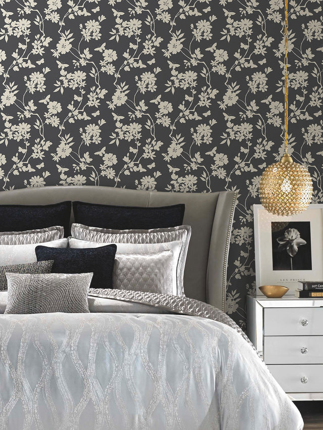 Flutter Vine Grey Wallpaper with Floral Vine and Butterfly Silhouette - York DT5025