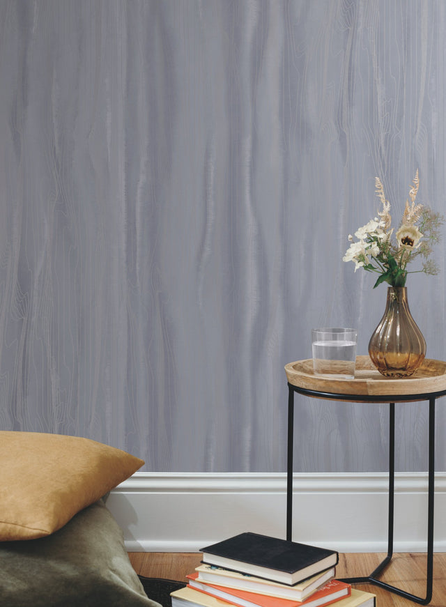 Fantasy Faux Bois Blue & Silver Wallpaper with Metallic Woodgrain Pattern - York DT5031