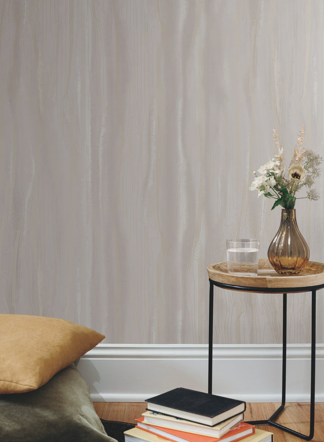 Fantasy Faux Bois Taupe & Gold Wallpaper with Metallic Woodgrain Motif - York DT5032