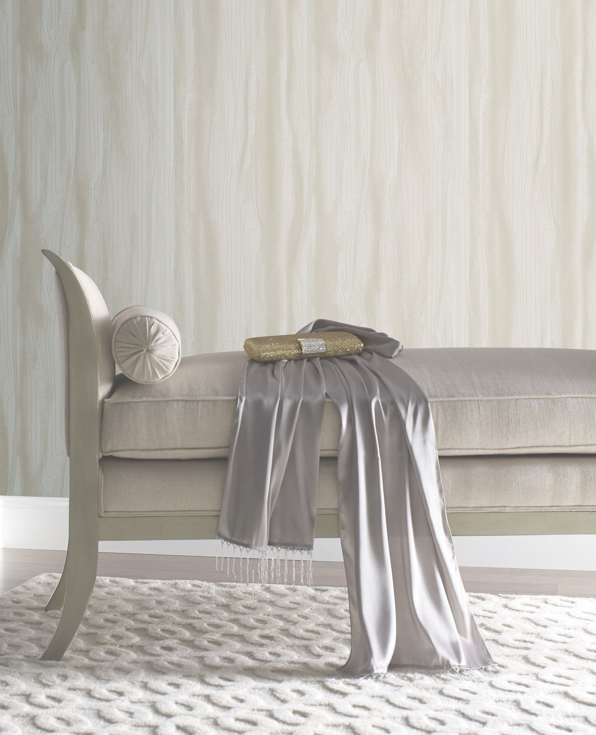 Fantasy Faux Bois White & Pearl Wallpaper with Metallic Woodgrain Motif - York DT5033
