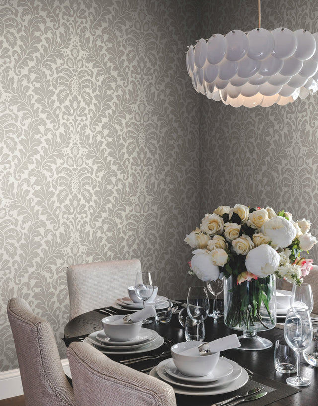 Modern Romance Grey Acanthus Leaf Damask Non Woven Wallpaper - York DT5041