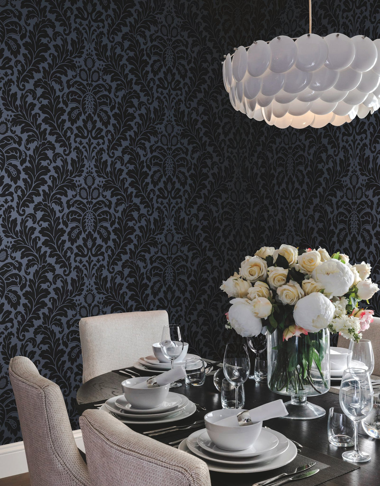 Modern Romance Navy Wallpaper with Botanical Acanthus Scroll Motif - York DT5042