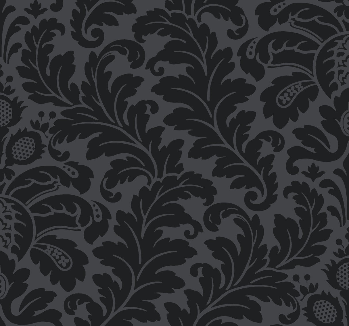 Modern Romance Black Wallpaper with Acanthus Botanical Scroll Motif, Non Woven Unpasted - York DT5044