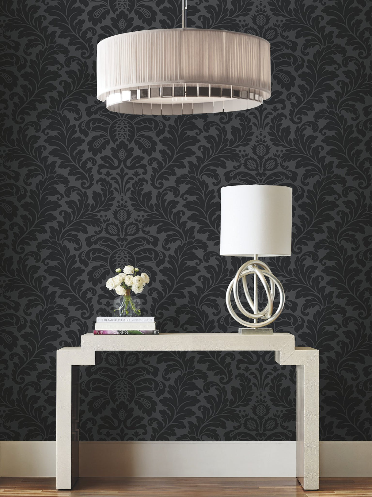 Modern Romance Black Wallpaper with Acanthus Botanical Scroll Motif, Non Woven Unpasted - York DT5044