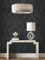 Modern Romance Black Wallpaper with Acanthus Botanical Scroll Motif, Non Woven Unpasted - York DT5044
