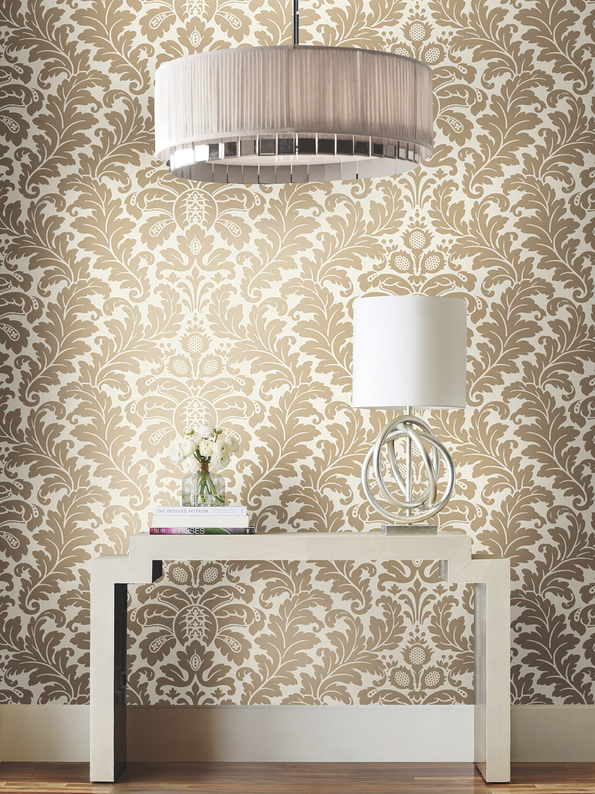 Modern Romance Gold Metallic Wallpaper with Botanical Acanthus Scrolls - York DT5045