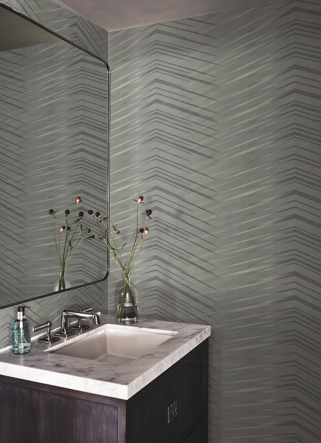 Glistening Chevron Charcoal Wallpaper with Metallic Geometric Chevron - York DT5052