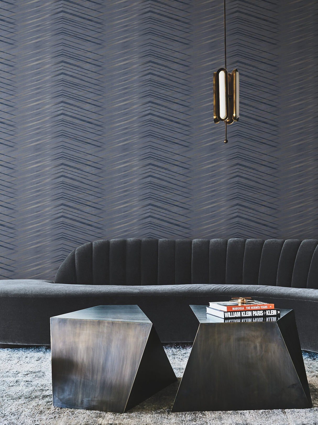 Glistening Chevron Navy Wallpaper with Metallic Geometric Chevron Pattern - York DT5053