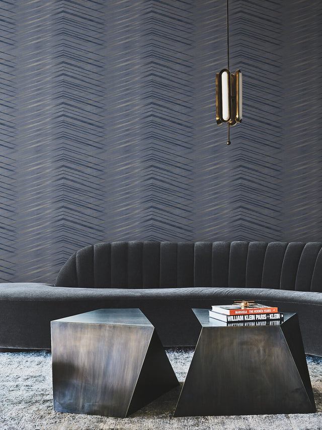 Glistening Chevron Navy Wallpaper with Metallic Geometric Chevron Pattern - York DT5053