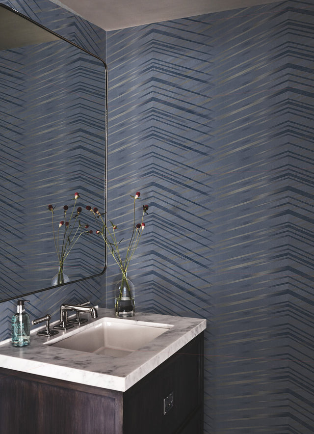 Glistening Chevron Navy Wallpaper with Metallic Geometric Chevron Pattern - York DT5053