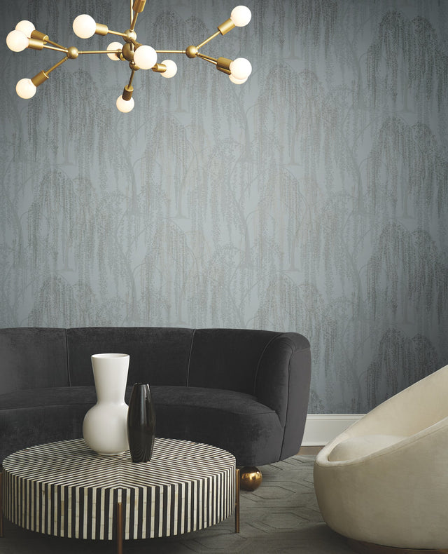 Willow Glow Smokey Blue Wallpaper with Bohemian Willow Tree Pattern - York DT5063
