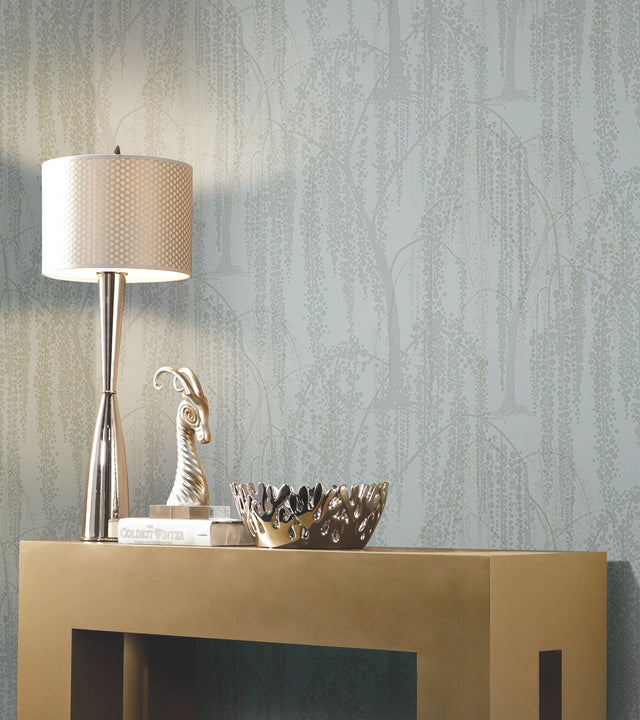 Willow Glow Smokey Blue Wallpaper with Bohemian Willow Tree Pattern - York DT5063