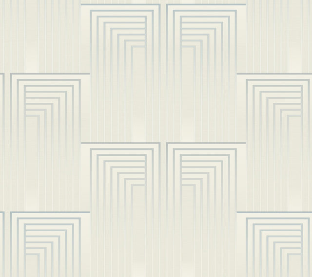 Vanishing Dusty Blue & Silver Geometric Wallpaper with Art Deco Linear Rectangles - York DT5074