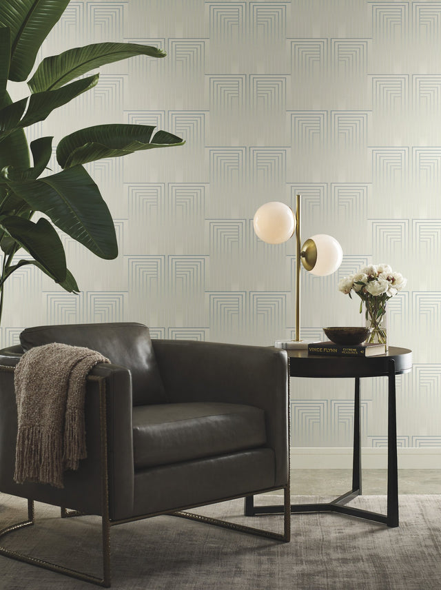 Vanishing Dusty Blue & Silver Geometric Wallpaper with Art Deco Linear Rectangles - York DT5074