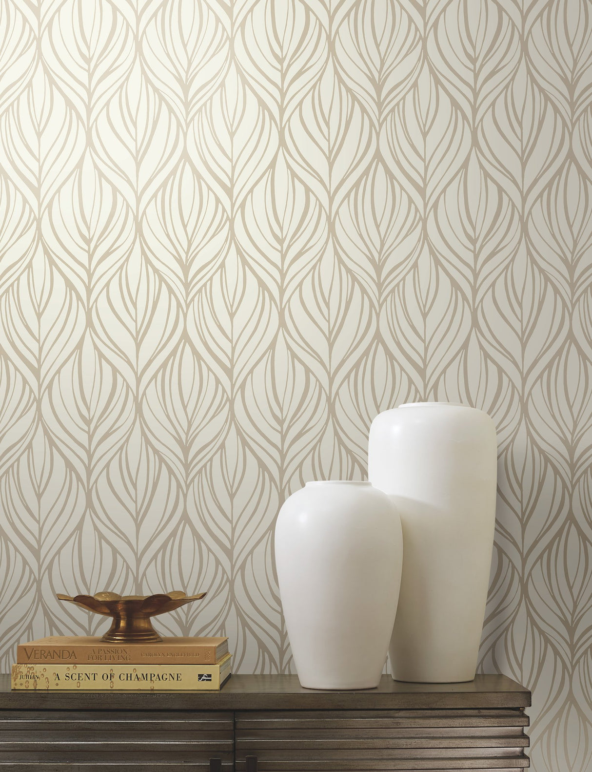 Palma White & Gold Wallpaper with Handcrafted Woodblock Leaf Motif - York DT5081