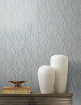 Palma Blue & Silver Wallpaper with Botanical Woodblock Leaf Motif - York DT5083