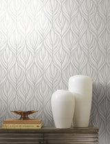 Palma White & Silver Wallpaper with Botanical Woodblock Leaf Motif - York DT5084