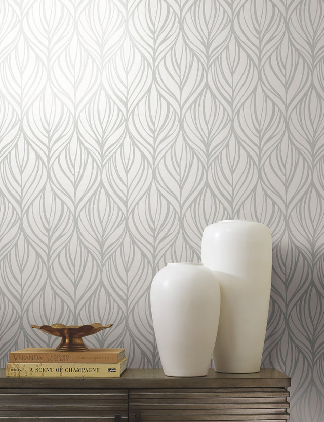 Palma White & Silver Wallpaper with Botanical Woodblock Leaf Motif - York DT5084